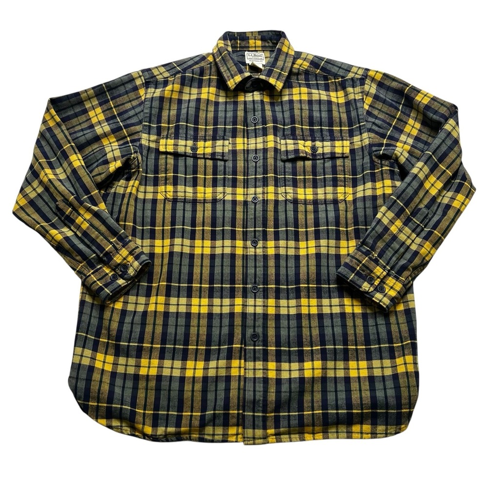 L.L. Bean Flannel Shirt Mens L Yellow Navy Blue Plaid Traditional Fit Cotton